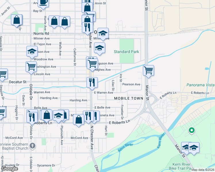 map of restaurants, bars, coffee shops, grocery stores, and more near 717 Wisteria Street in Bakersfield