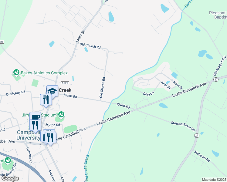 map of restaurants, bars, coffee shops, grocery stores, and more near 509 Old Church Road in Lillington