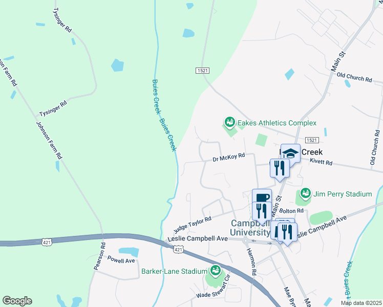 map of restaurants, bars, coffee shops, grocery stores, and more near 94 Parkwood Circle in Lillington