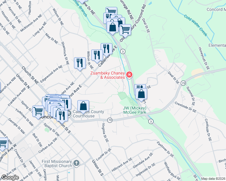 map of restaurants, bars, coffee shops, grocery stores, and more near 80 Ashlyn Drive Southeast in Concord