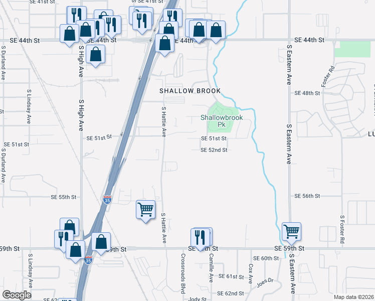map of restaurants, bars, coffee shops, grocery stores, and more near 1521 Southeast 52nd Street in Oklahoma City