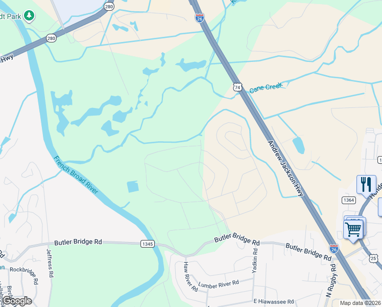 map of restaurants, bars, coffee shops, grocery stores, and more near 329 Tap Root Lane in Fletcher