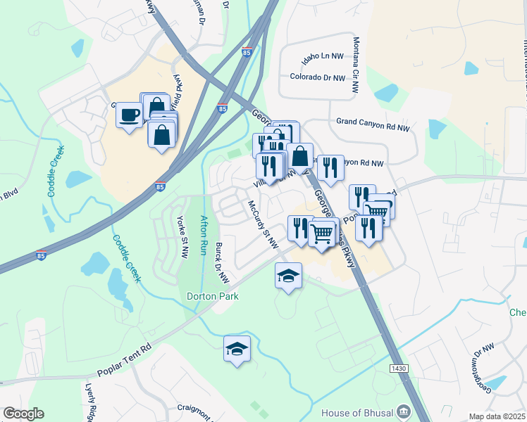 map of restaurants, bars, coffee shops, grocery stores, and more near 70 Huie Street Northwest in Concord