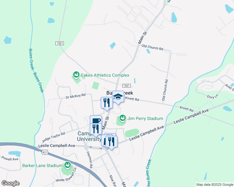 map of restaurants, bars, coffee shops, grocery stores, and more near in Buies Creek