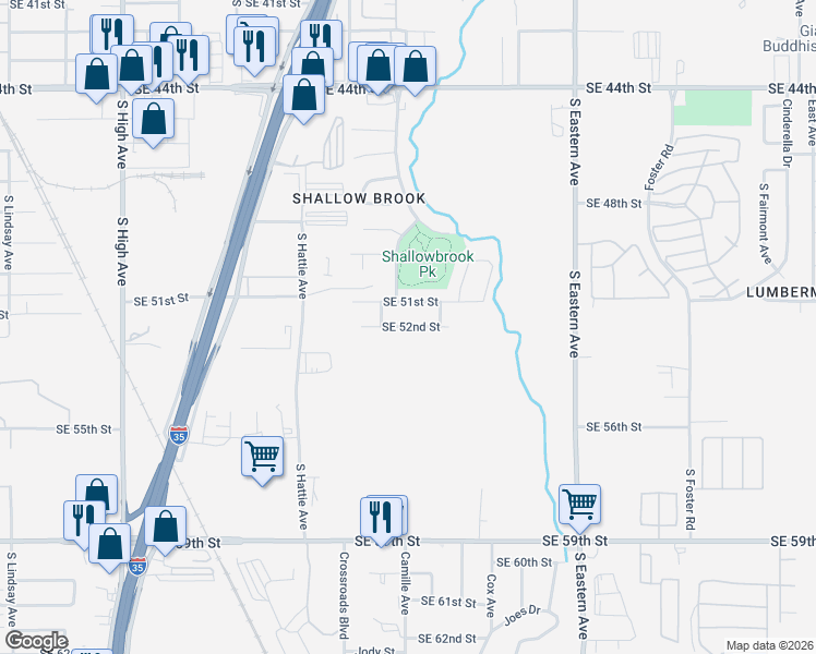 map of restaurants, bars, coffee shops, grocery stores, and more near 1621 Southeast 52nd Street in Oklahoma City