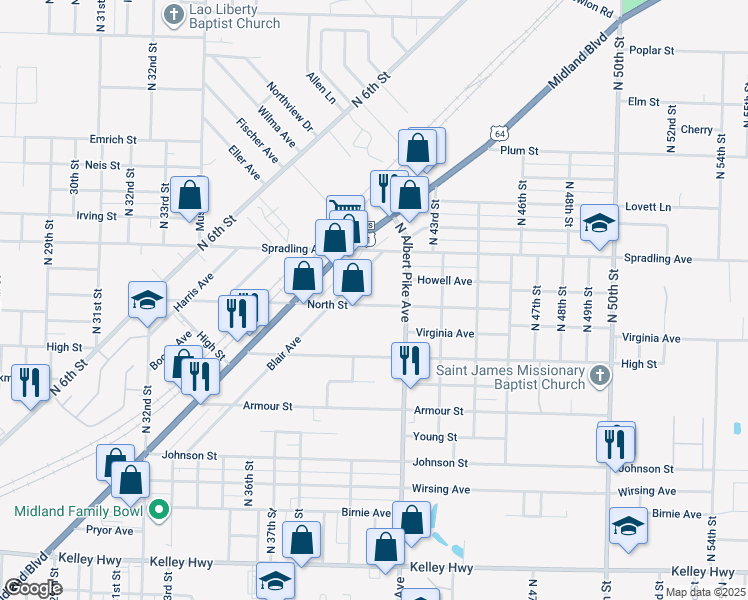 map of restaurants, bars, coffee shops, grocery stores, and more near 4015 North Street in Fort Smith