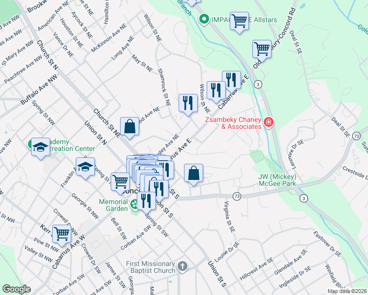 map of restaurants, bars, coffee shops, grocery stores, and more near 142 Cabarrus Avenue East in Concord