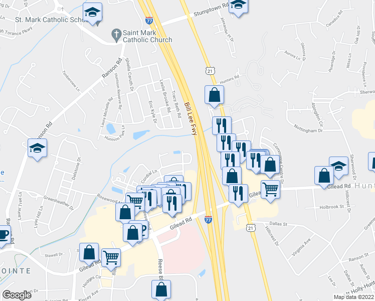 map of restaurants, bars, coffee shops, grocery stores, and more near 10130 Rose Brook Lane in Huntersville