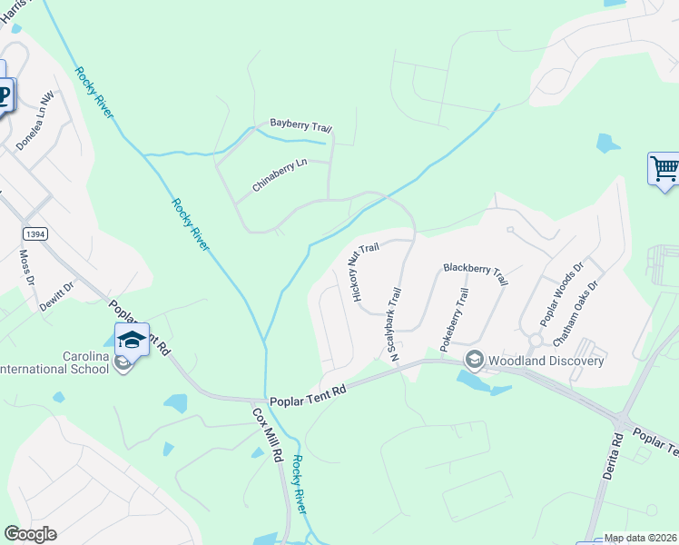 map of restaurants, bars, coffee shops, grocery stores, and more near 740 Poplar View Drive Northwest in Concord