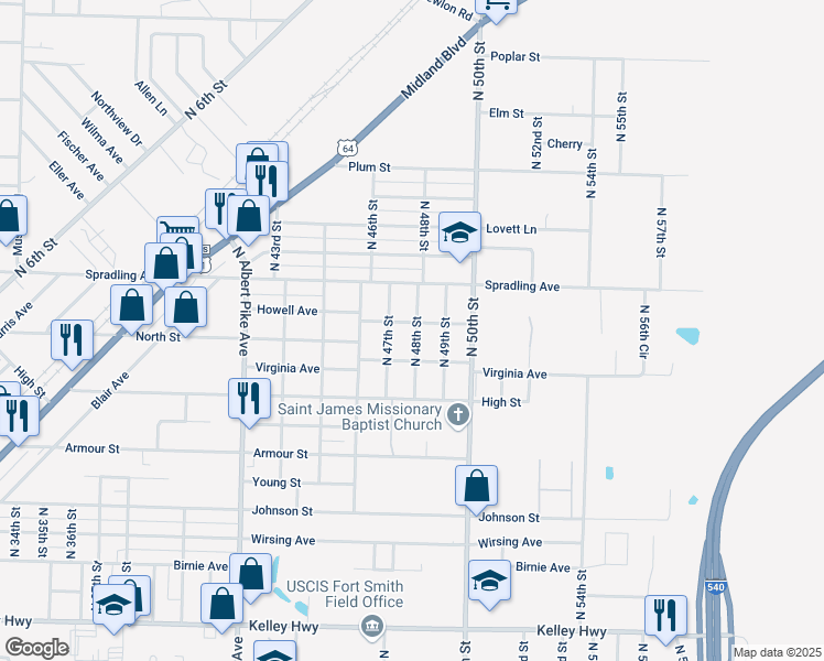 map of restaurants, bars, coffee shops, grocery stores, and more near 3515 North 48th Street in Fort Smith