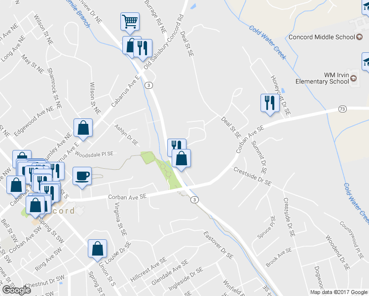 map of restaurants, bars, coffee shops, grocery stores, and more near Lenmore Drive Southeast in Concord