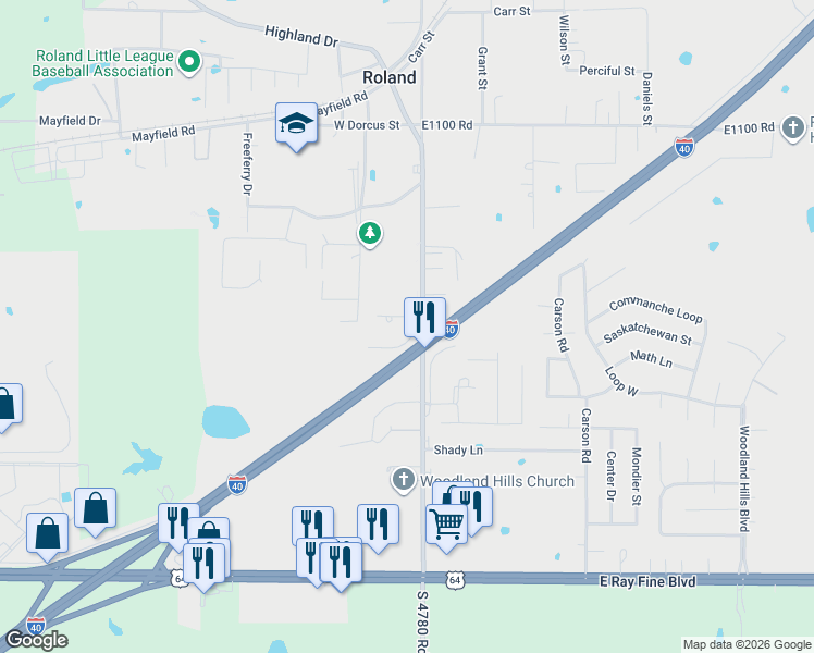 map of restaurants, bars, coffee shops, grocery stores, and more near 310 South Roland Road in Roland