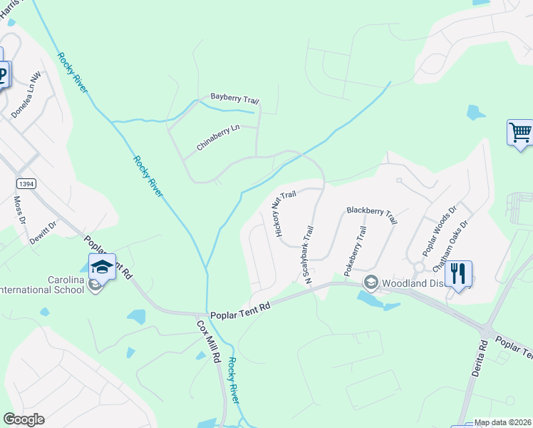 map of restaurants, bars, coffee shops, grocery stores, and more near 740 Poplar View Drive Northwest in Concord