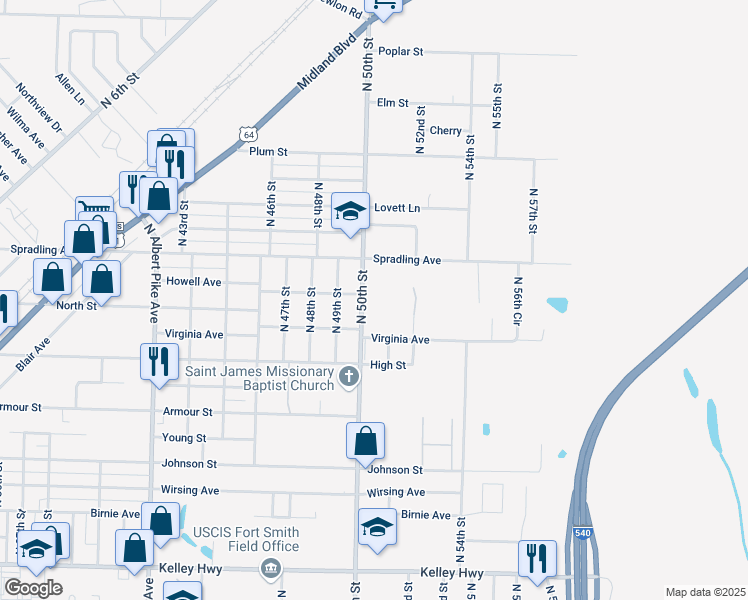 map of restaurants, bars, coffee shops, grocery stores, and more near 3506 North 50th Street in Fort Smith