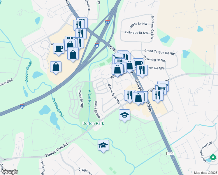 map of restaurants, bars, coffee shops, grocery stores, and more near 89 McCurdy Street Northwest in Concord