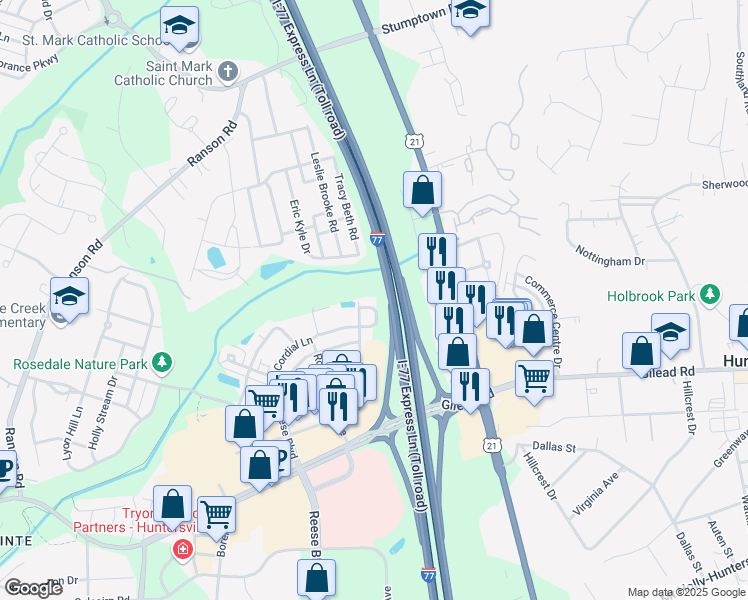 map of restaurants, bars, coffee shops, grocery stores, and more near 10130 Rose Brook Lane in Huntersville