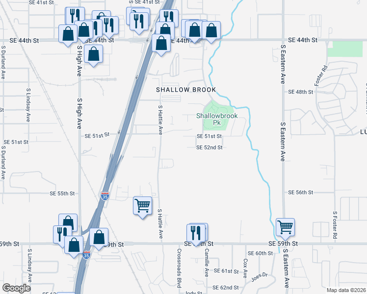 map of restaurants, bars, coffee shops, grocery stores, and more near 1521 Southeast 52nd Street in Oklahoma City