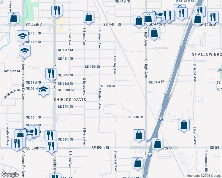 map of restaurants, bars, coffee shops, grocery stores, and more near 602 Southeast 51st Street in Oklahoma City