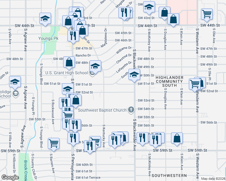 map of restaurants, bars, coffee shops, grocery stores, and more near 1416 Southwest 51st Street in Oklahoma City