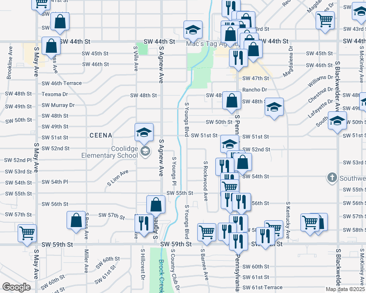 map of restaurants, bars, coffee shops, grocery stores, and more near 5213 South Youngs Boulevard in Oklahoma City