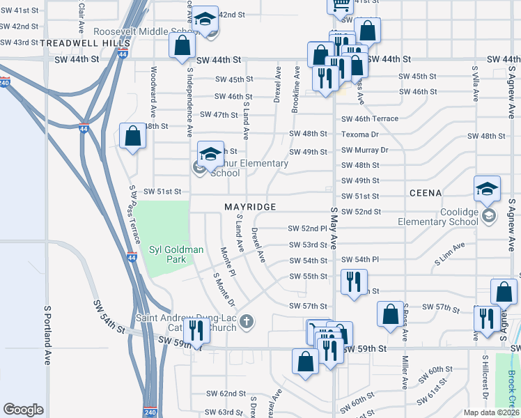 map of restaurants, bars, coffee shops, grocery stores, and more near 3112 Southwest 51st Street in Oklahoma City