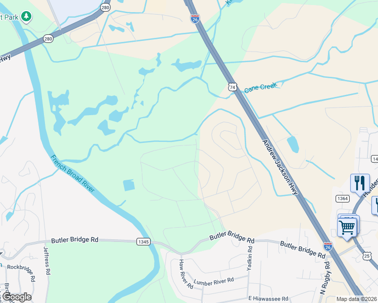 map of restaurants, bars, coffee shops, grocery stores, and more near 329 Tap Root Lane in Fletcher