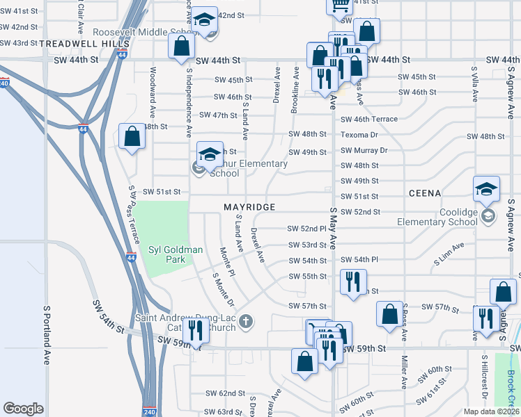 map of restaurants, bars, coffee shops, grocery stores, and more near 3112 Southwest 51st Street in Oklahoma City