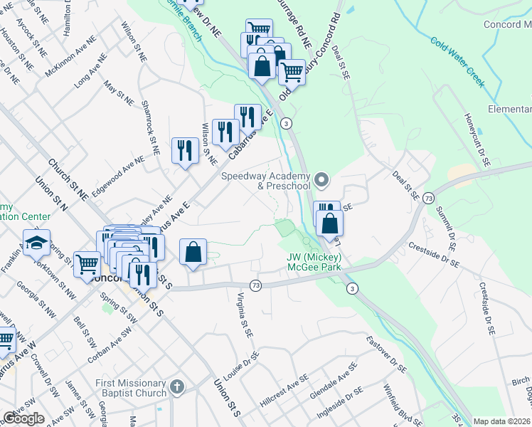 map of restaurants, bars, coffee shops, grocery stores, and more near 80 Ashlyn Drive Southeast in Concord