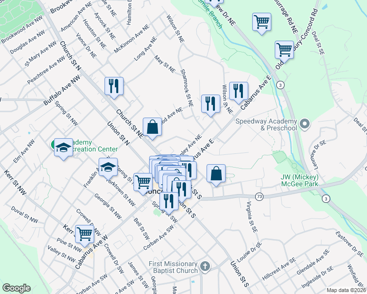 map of restaurants, bars, coffee shops, grocery stores, and more near 94 Creswell Drive Northeast in Concord