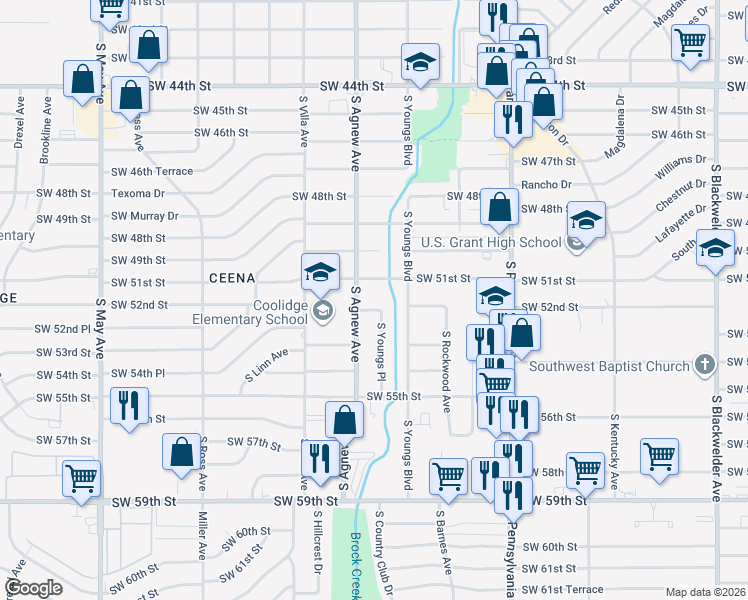 map of restaurants, bars, coffee shops, grocery stores, and more near 2334 Southwest 51st Street in Oklahoma City