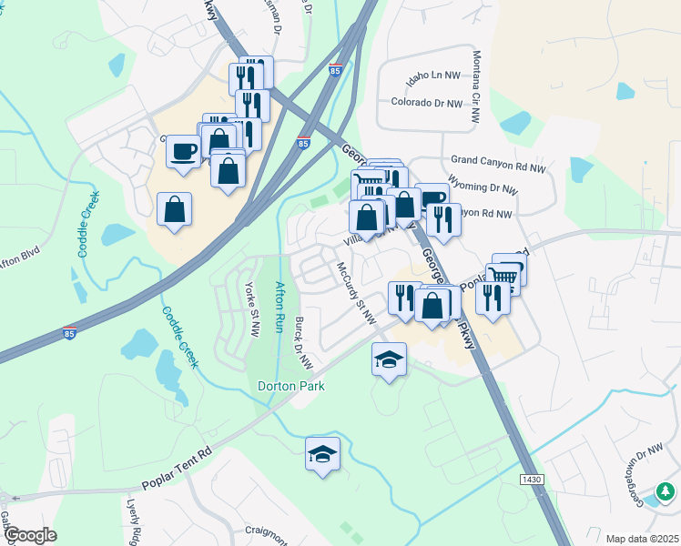 map of restaurants, bars, coffee shops, grocery stores, and more near 89 McCurdy Street Northwest in Concord