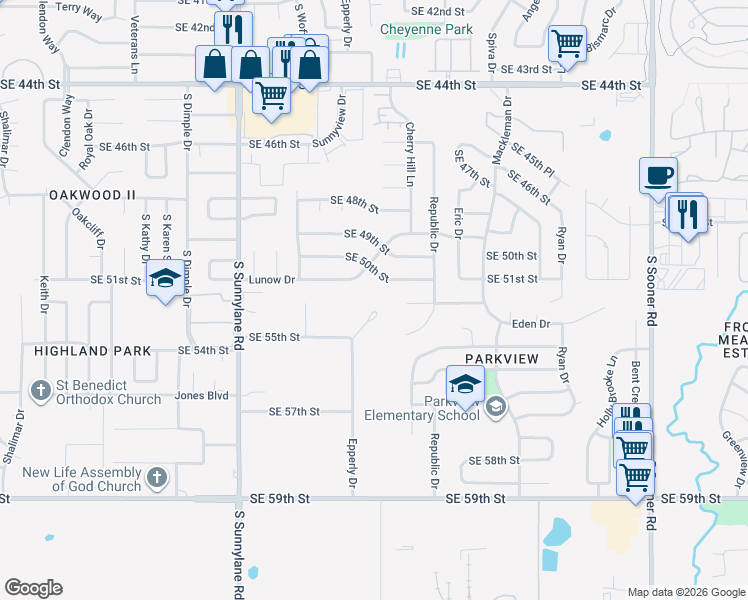 map of restaurants, bars, coffee shops, grocery stores, and more near 4513 Southeast 55th Street in Oklahoma City