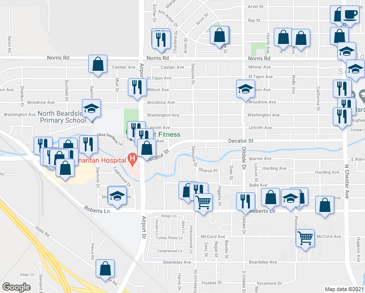 map of restaurants, bars, coffee shops, grocery stores, and more near 711 Decatur Street in Bakersfield