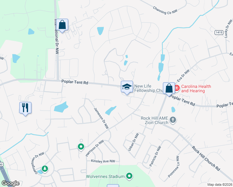 map of restaurants, bars, coffee shops, grocery stores, and more near 4123 Poplar Tent Road in Concord