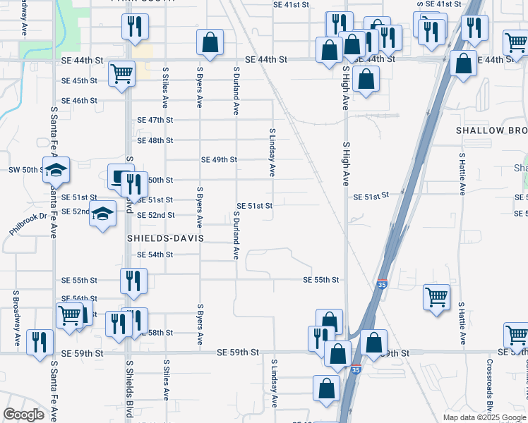 map of restaurants, bars, coffee shops, grocery stores, and more near 602 Southeast 51st Street in Oklahoma City