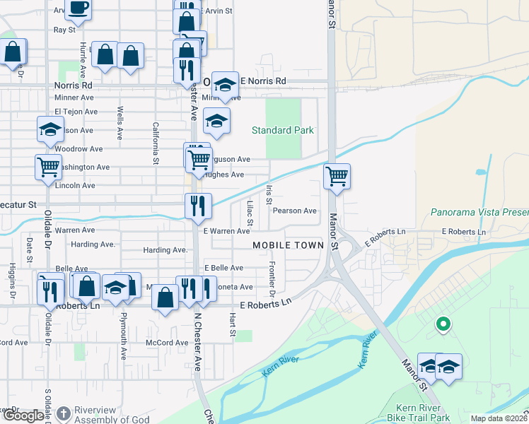 map of restaurants, bars, coffee shops, grocery stores, and more near 716 Lilac Street in Bakersfield