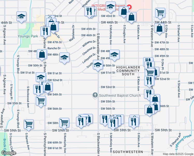 map of restaurants, bars, coffee shops, grocery stores, and more near 1300 Southwest 51st Street in Oklahoma City