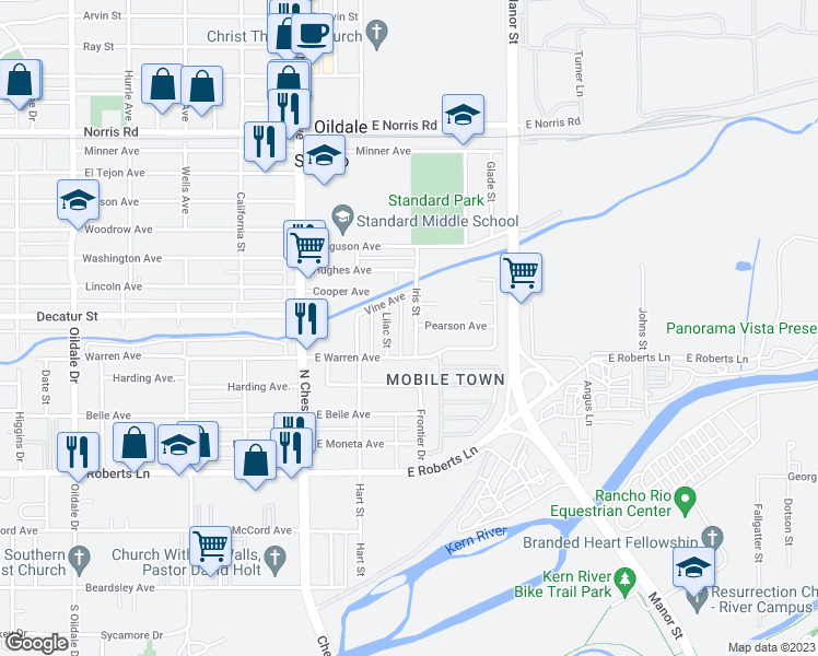 map of restaurants, bars, coffee shops, grocery stores, and more near 713 Iris Street in Bakersfield