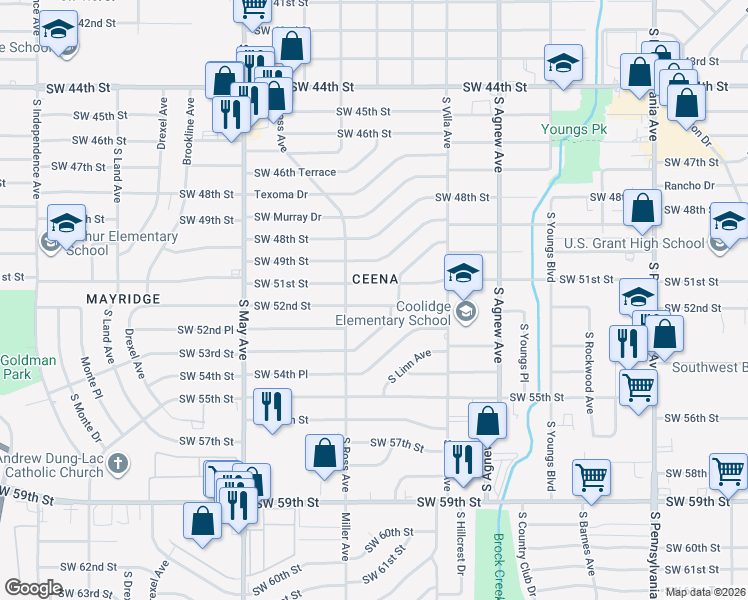 map of restaurants, bars, coffee shops, grocery stores, and more near 2620 Southwest 51st Street in Oklahoma City