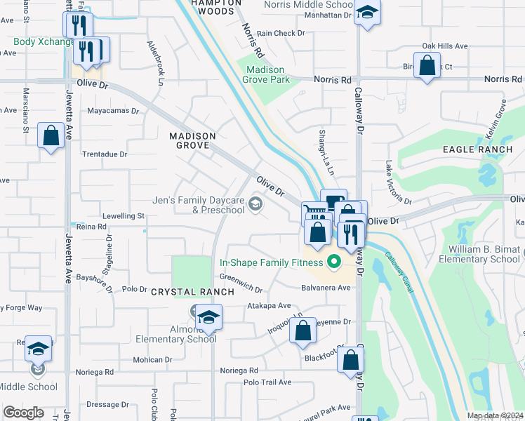 map of restaurants, bars, coffee shops, grocery stores, and more near 10218 Clearwater Falls Court in Bakersfield