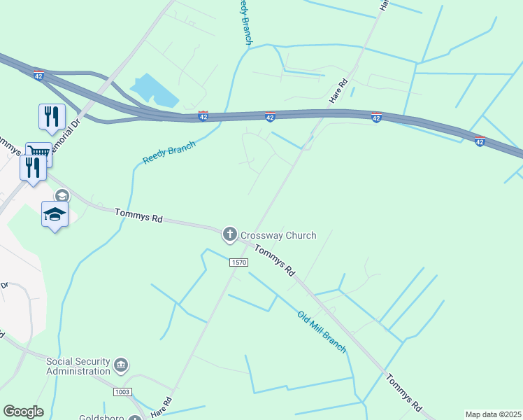 map of restaurants, bars, coffee shops, grocery stores, and more near 435 Hare Road in Goldsboro