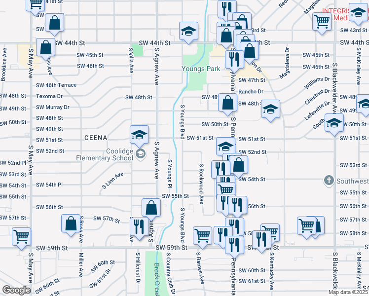 map of restaurants, bars, coffee shops, grocery stores, and more near 5213 South Youngs Boulevard in Oklahoma City