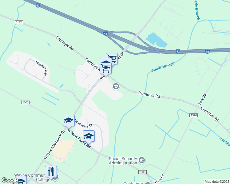 map of restaurants, bars, coffee shops, grocery stores, and more near 1150 Tommys Road in Goldsboro