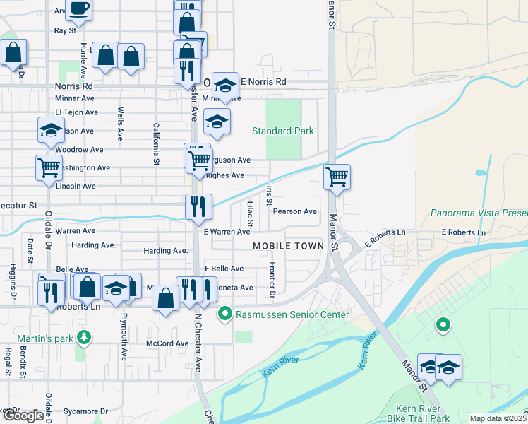 map of restaurants, bars, coffee shops, grocery stores, and more near 713 Iris Street in Bakersfield