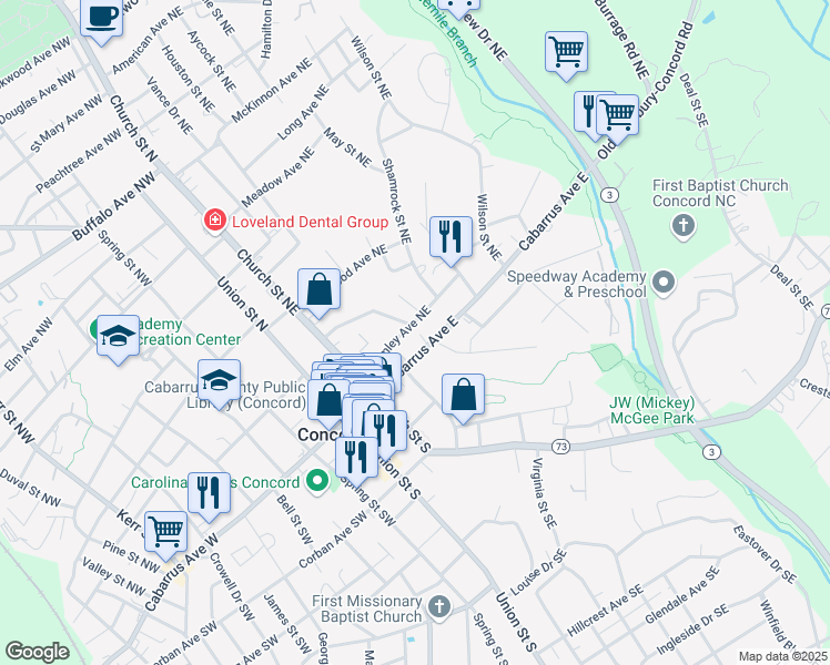 map of restaurants, bars, coffee shops, grocery stores, and more near 104 Brumley Avenue Northeast in Concord