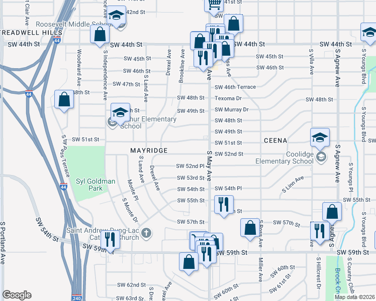 map of restaurants, bars, coffee shops, grocery stores, and more near 2941 Southwest 52nd Street in Oklahoma City