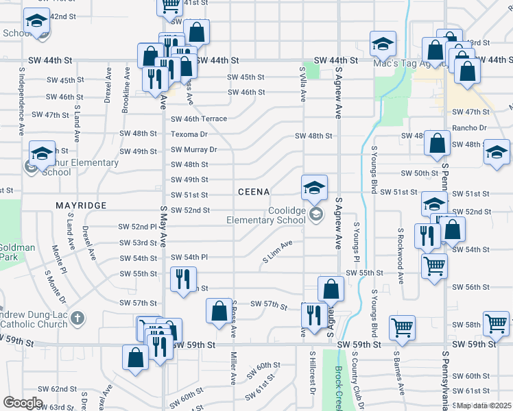 map of restaurants, bars, coffee shops, grocery stores, and more near 2620 Southwest 51st Street in Oklahoma City