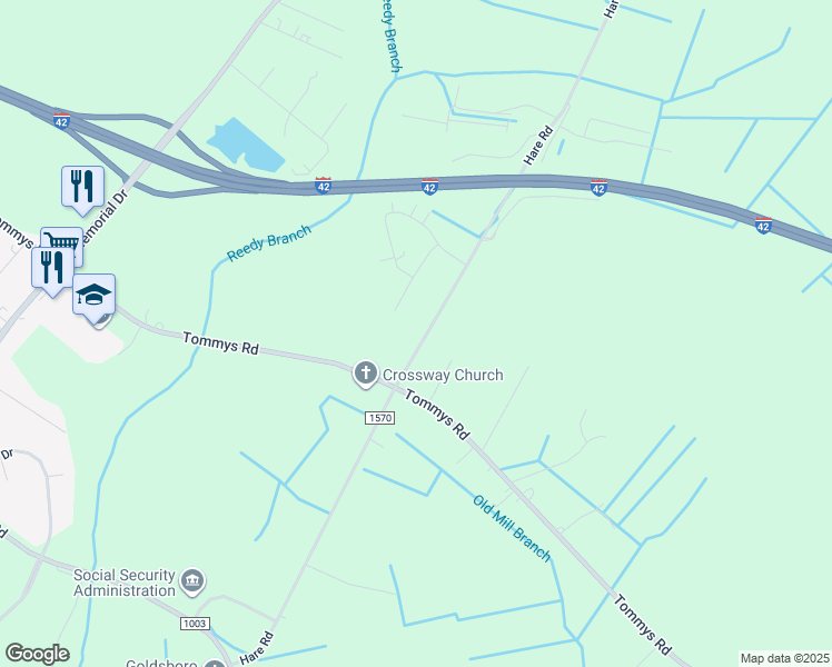 map of restaurants, bars, coffee shops, grocery stores, and more near 435 Hare Road in Goldsboro