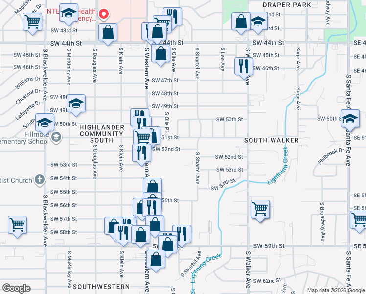 map of restaurants, bars, coffee shops, grocery stores, and more near 725 Southwest 52nd Street in Oklahoma City
