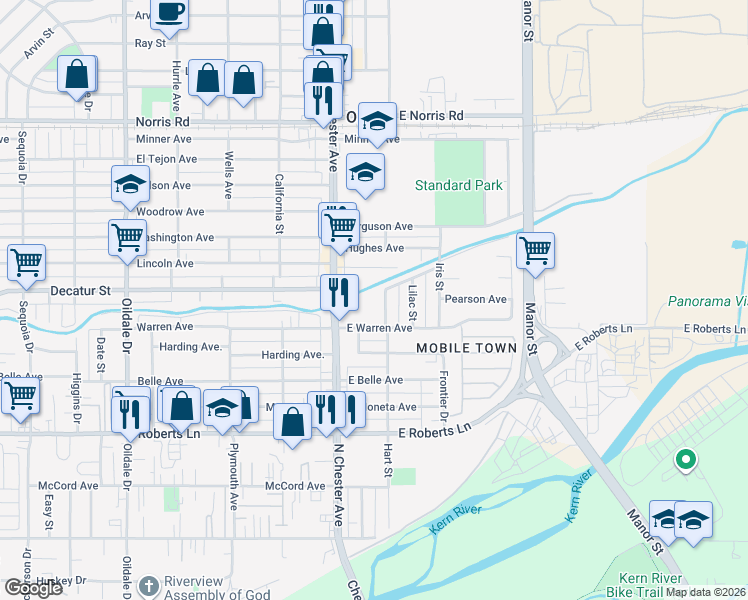 map of restaurants, bars, coffee shops, grocery stores, and more near 717 Wisteria Street in Bakersfield